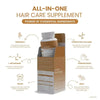 Hair care supplement packaging with ingredients listed on a white background