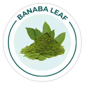 Purezen Green powder with banaba leaf illustration on a white background