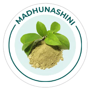 Purezen MADHUNASHINI product with green leaves and powder on a light blue background