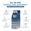 Diabetes care supplement with packaging and ingredients listed on a white background