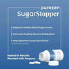 Advertisement for purezen SugarStopper on a blue background with text about health benefits.