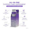 Supplement packaging with text highlighting 'All-in-One Thyroid Care Supplement' and its ingredients on a white background.
