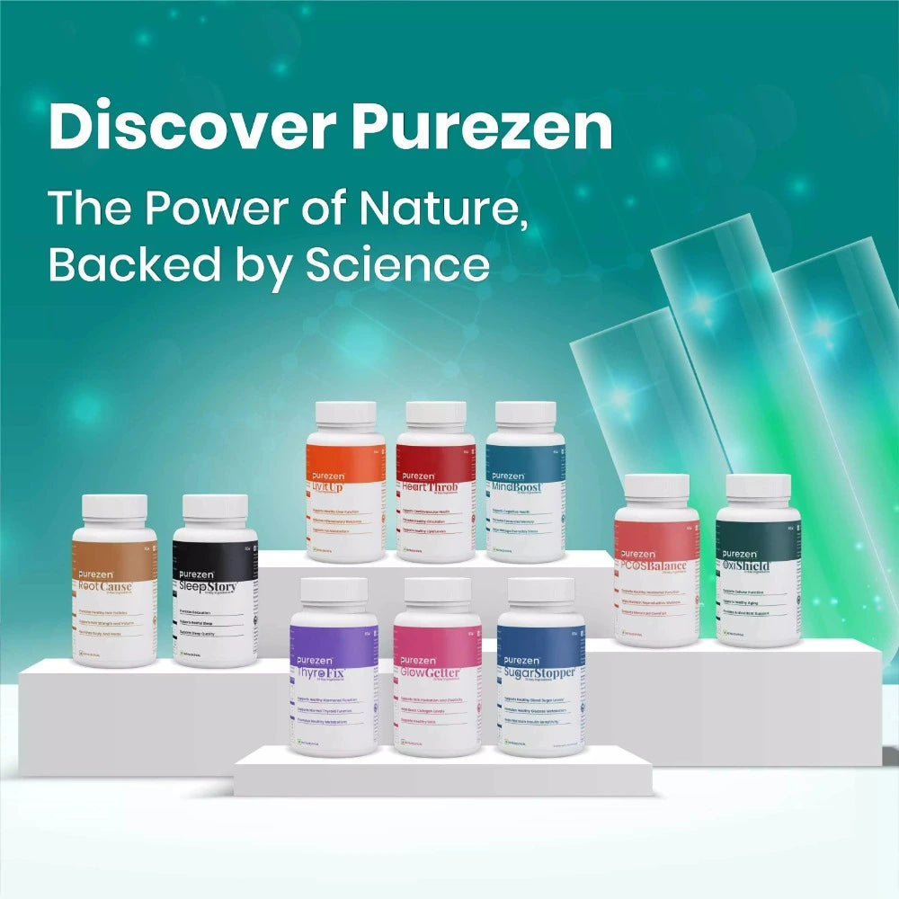Collection of Purezen product bottles with a green gradient background and text 'Discover Purezen'.