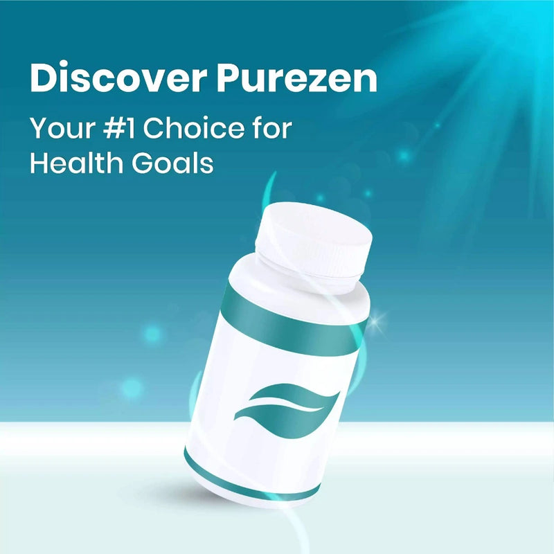 White bottle with green accents on a blue background, featuring the text 'Discover Purezen Your #1 Choice for Health Goals'.