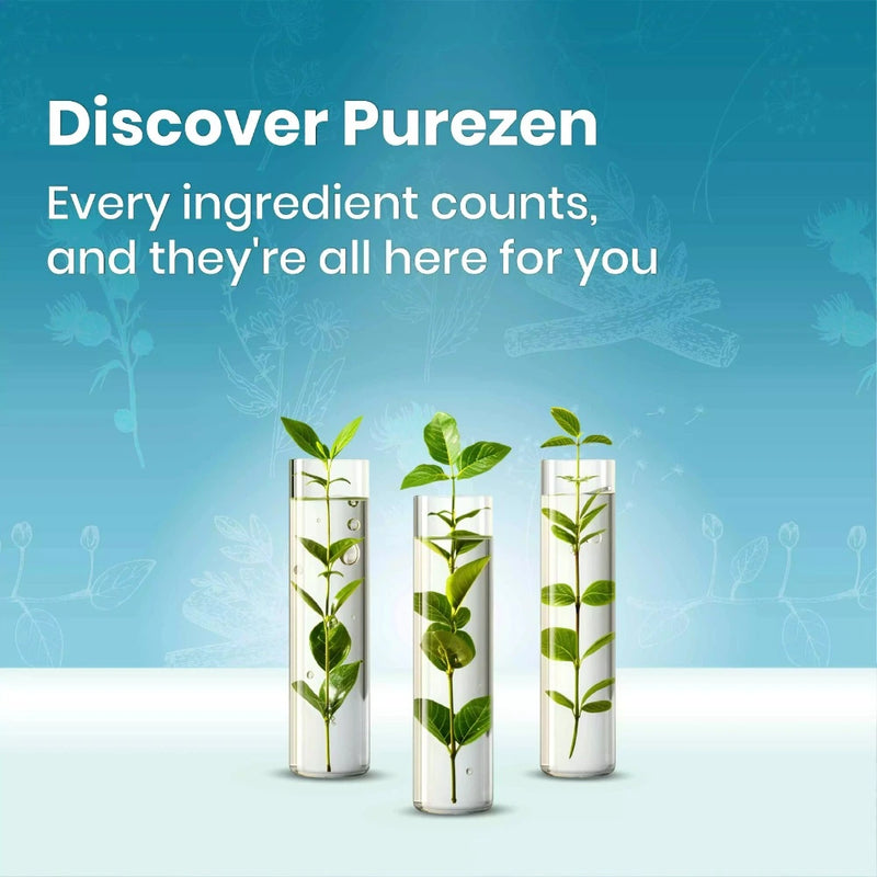 Three test tubes with plants on a blue background, promoting 'Purezen' with text about ingredients.