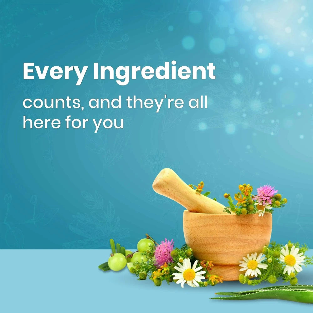 Wooden mortar and pestle with herbs and flowers on a blue background with text 'Every Ingredient counts, and they're all here for you'.