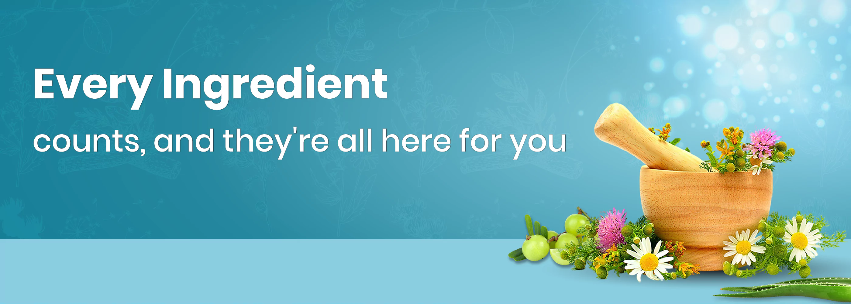 Mortar and pestle with flowers on a blue background and text about ingredients.