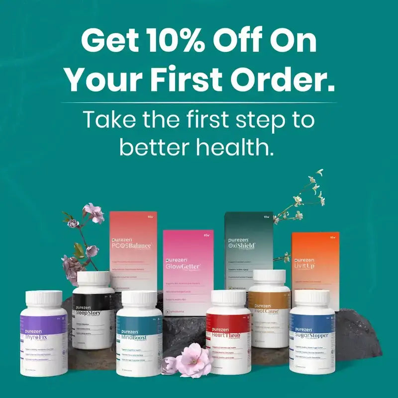 Collection of health products with promotional text on a teal background