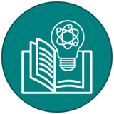 Icon of an open book with a light bulb and atom symbol on a teal background