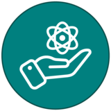 Icon of a hand holding an atom symbol on a teal background