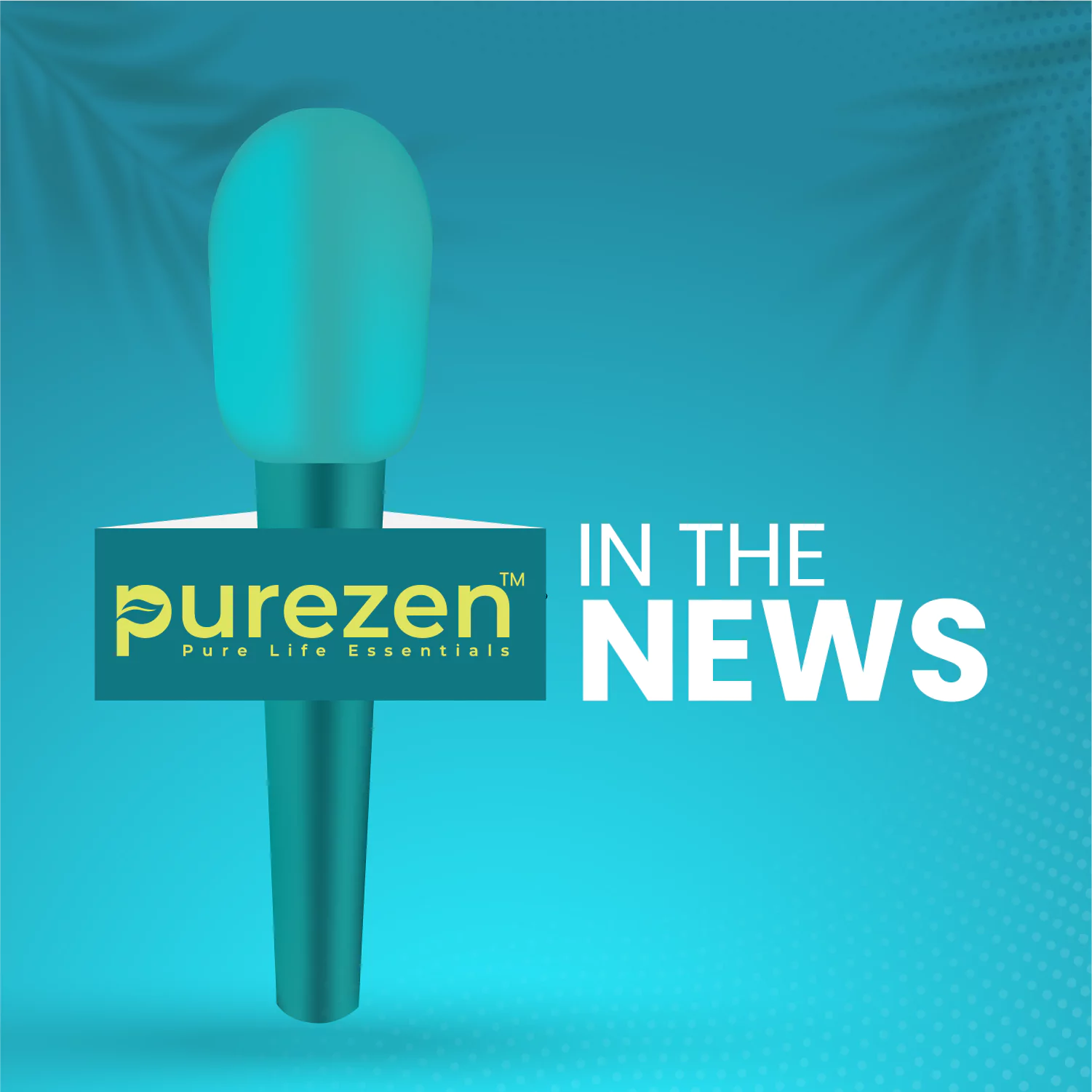 Teal microphone with 'purezen' logo and 'In the News' text on a blue background