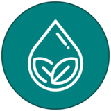 Green icon with a white droplet and leaves design on a teal circle