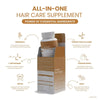 Hair care supplement packaging with ingredients listed on a white background