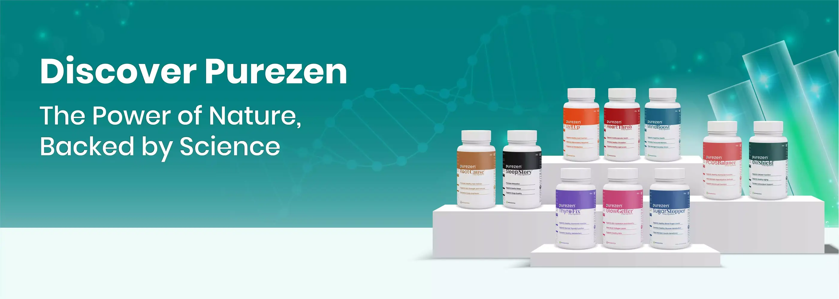 Display of various bottles with a teal background and text about Purezen.