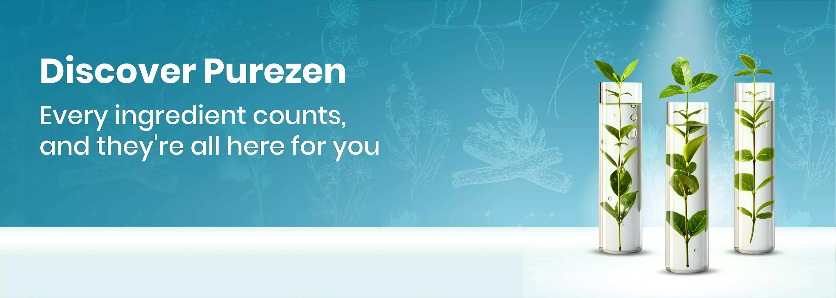 Three white cylindrical containers with green plants on a blue background, featuring the brand 'Purezen'.