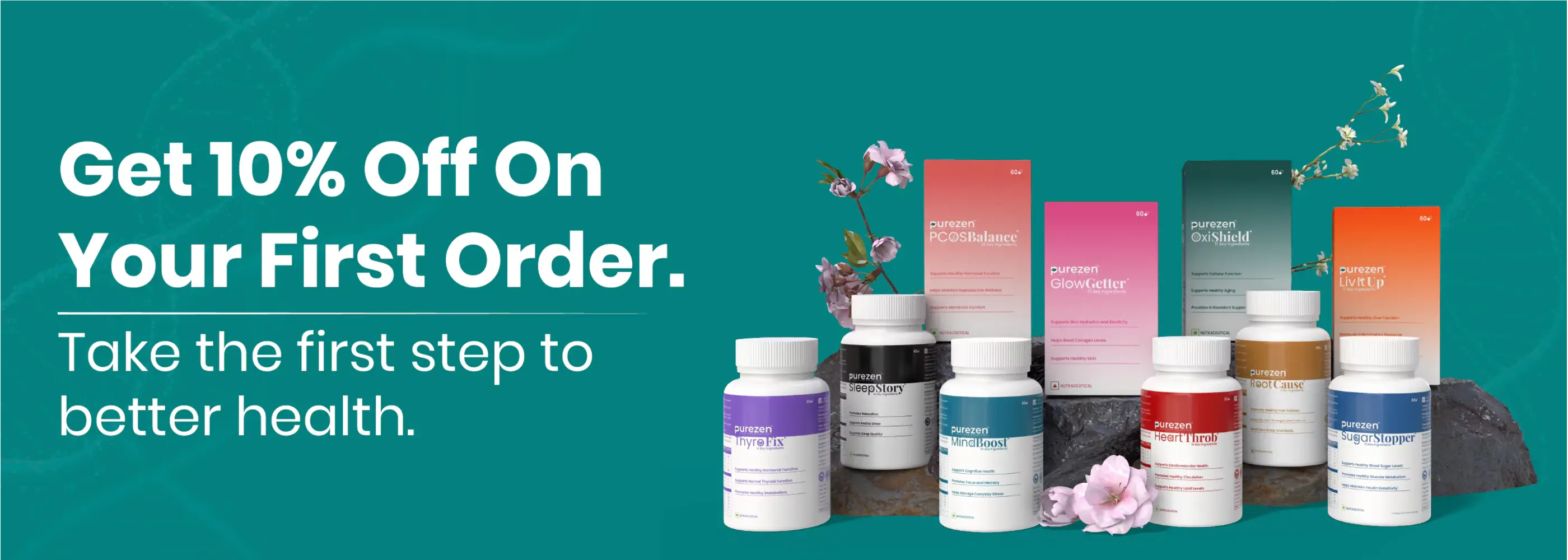 Health supplement products with promotional text on a teal background